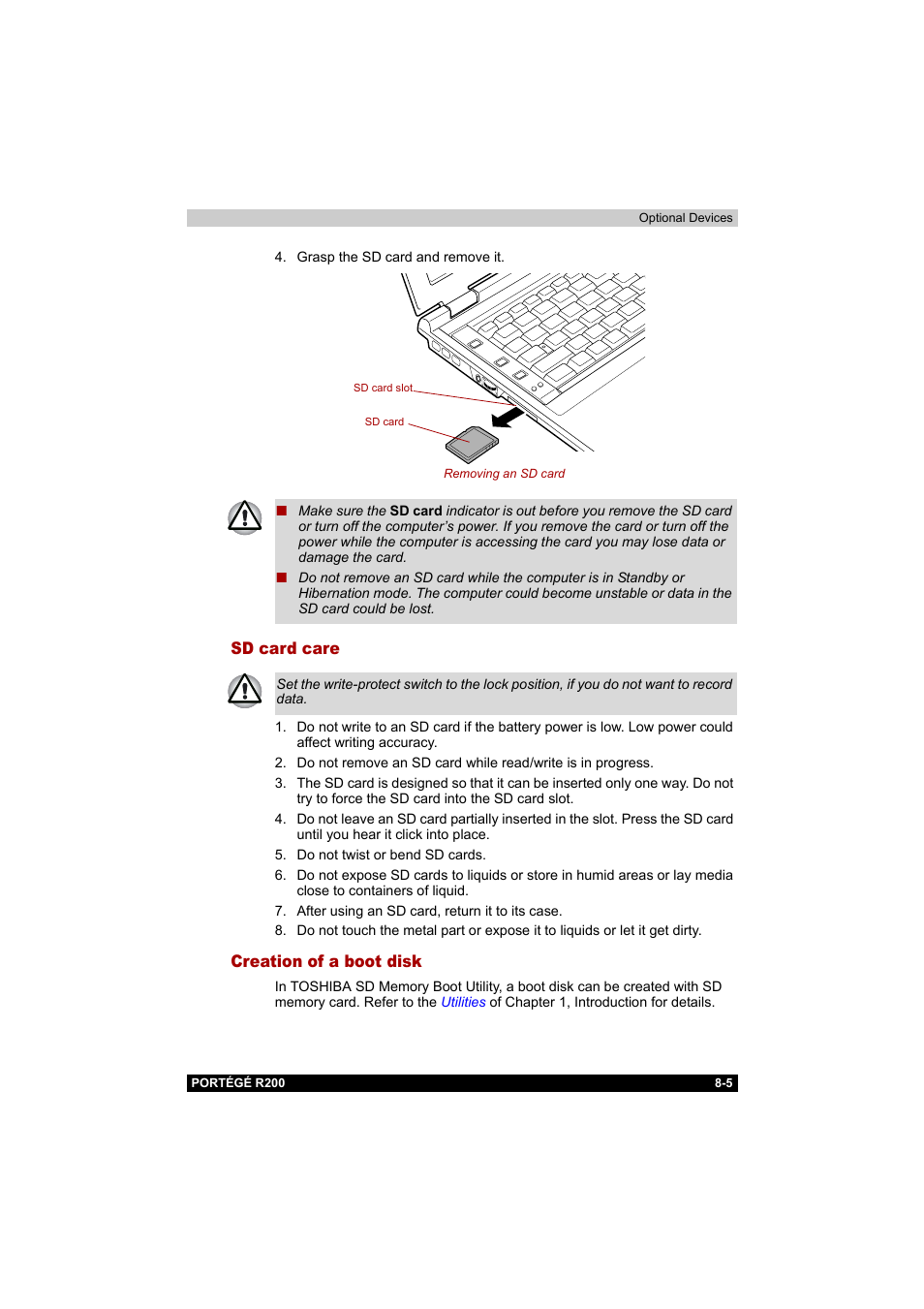 Sd card care, Creation of a boot disk, Sd card care -5 creation of a boot disk -5 | Toshiba Portege R200 (PPR20) User Manual | Page 128 / 187