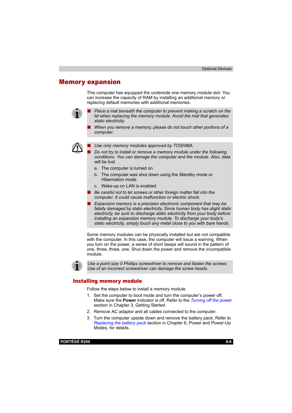 Memory expansion, Installing memory module, Memory expansion -6 | Installing memory module -6 | Toshiba Portege R200 (PPR20) User Manual | Page 129 / 187