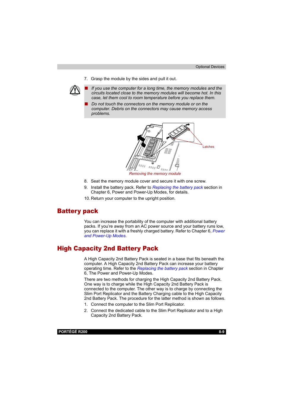 Battery pack, High capacity 2nd battery pack, Battery pack -9 high capacity 2nd battery pack -9 | Toshiba Portege R200 (PPR20) User Manual | Page 132 / 187