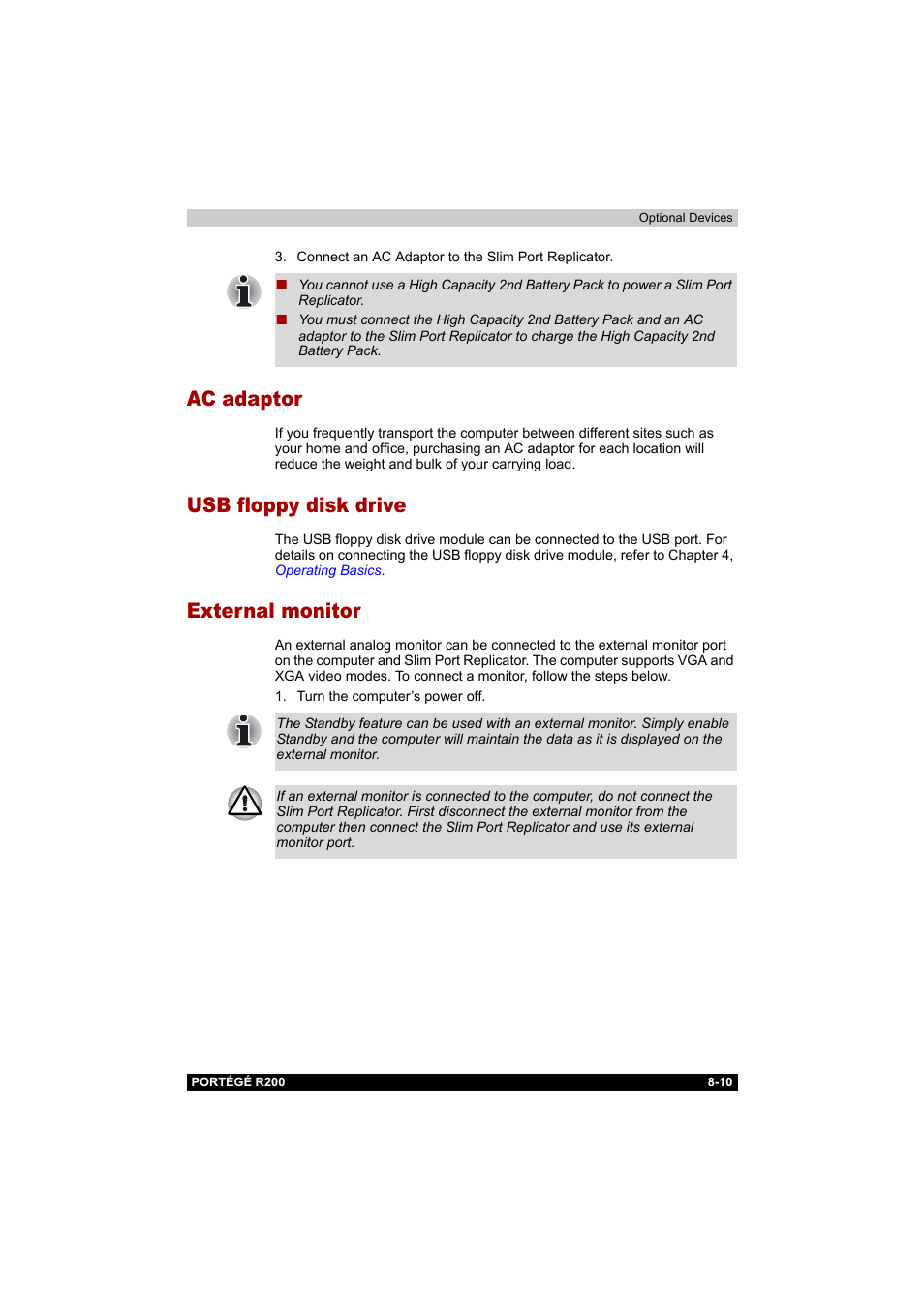 Ac adaptor, Usb floppy disk drive, External monitor | Toshiba Portege R200 (PPR20) User Manual | Page 133 / 187