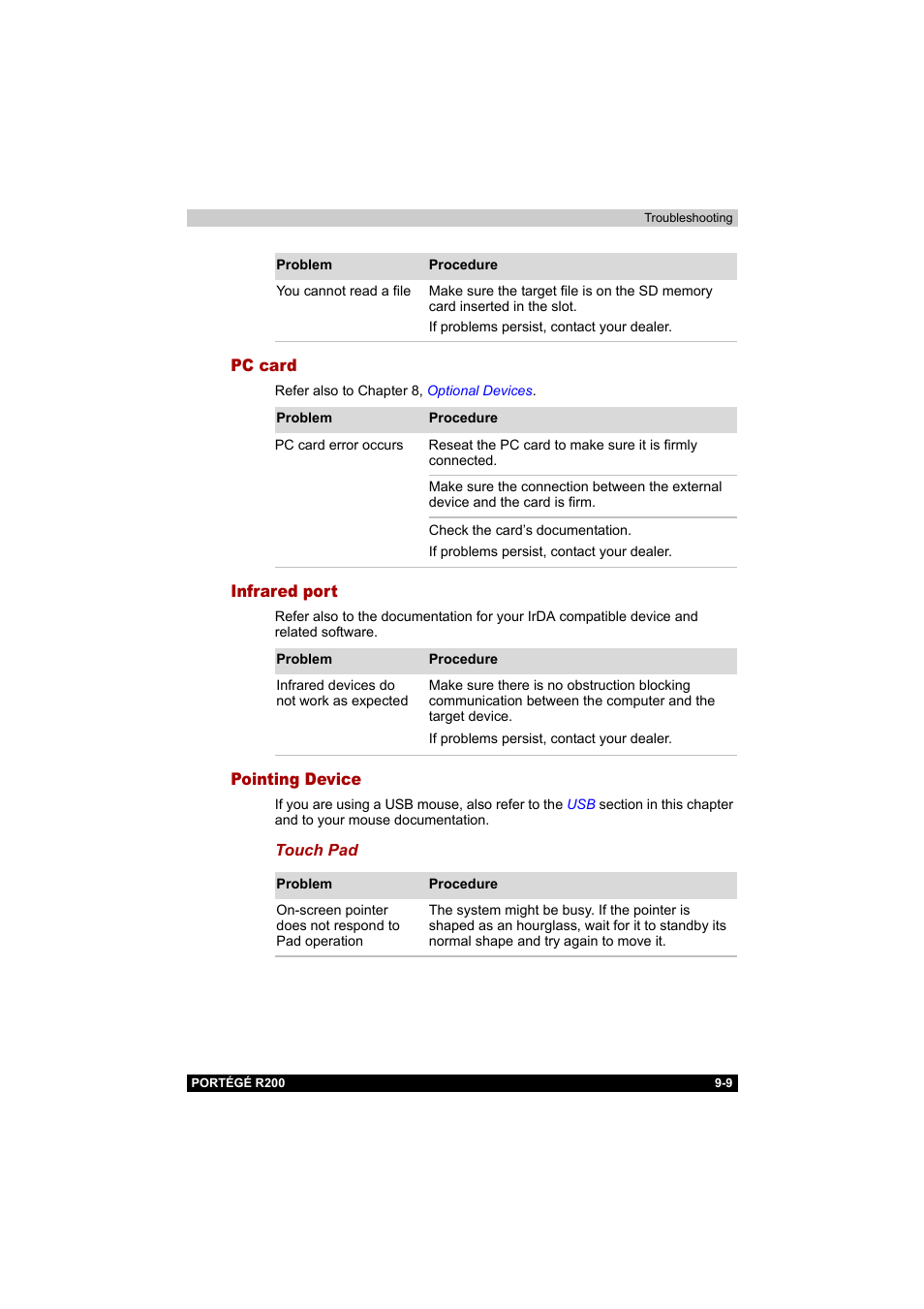 Pc card, Infrared port, Pointing device | Pc card -9 infrared port -9 pointing device -9 | Toshiba Portege R200 (PPR20) User Manual | Page 144 / 187