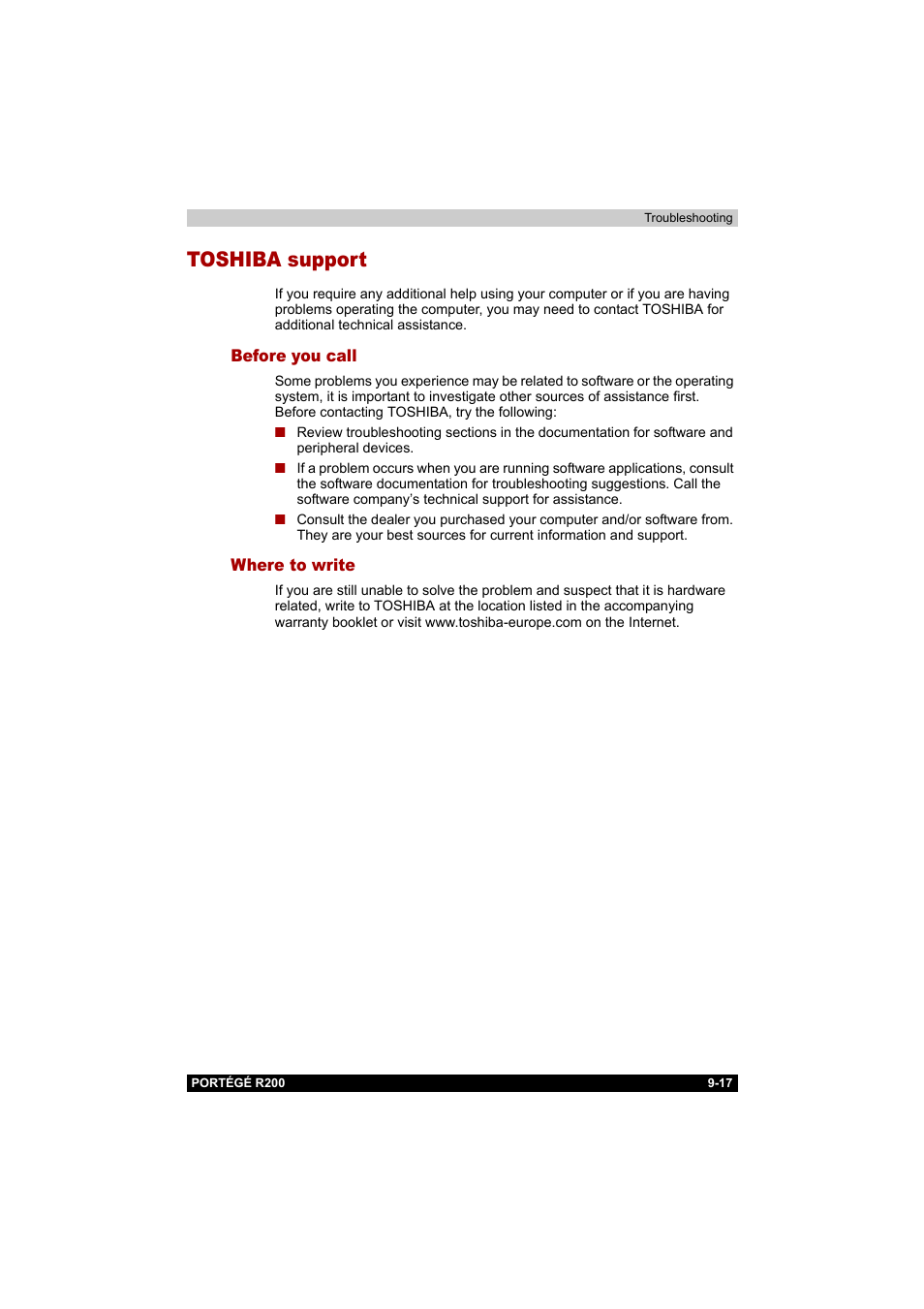 Toshiba support, Before you call, Where to write | Toshiba support -17, Before you call -17 where to write -17 | Toshiba Portege R200 (PPR20) User Manual | Page 152 / 187