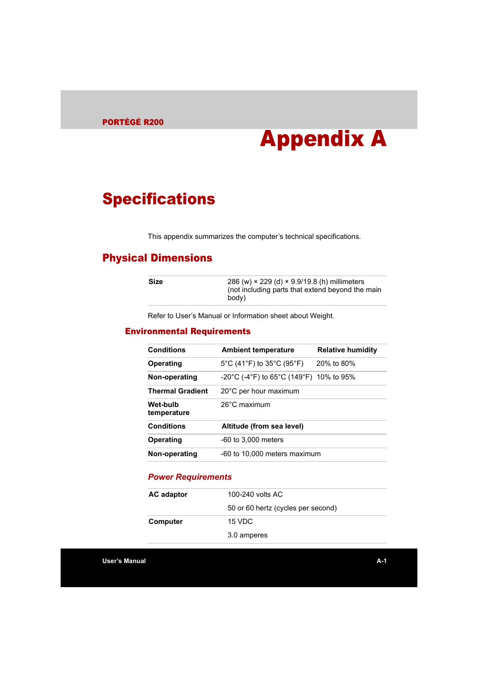 Appendix a: specifications, Appendix a, Specifications | Appendixes, Provid, Physical dimensions | Toshiba Portege R200 (PPR20) User Manual | Page 153 / 187