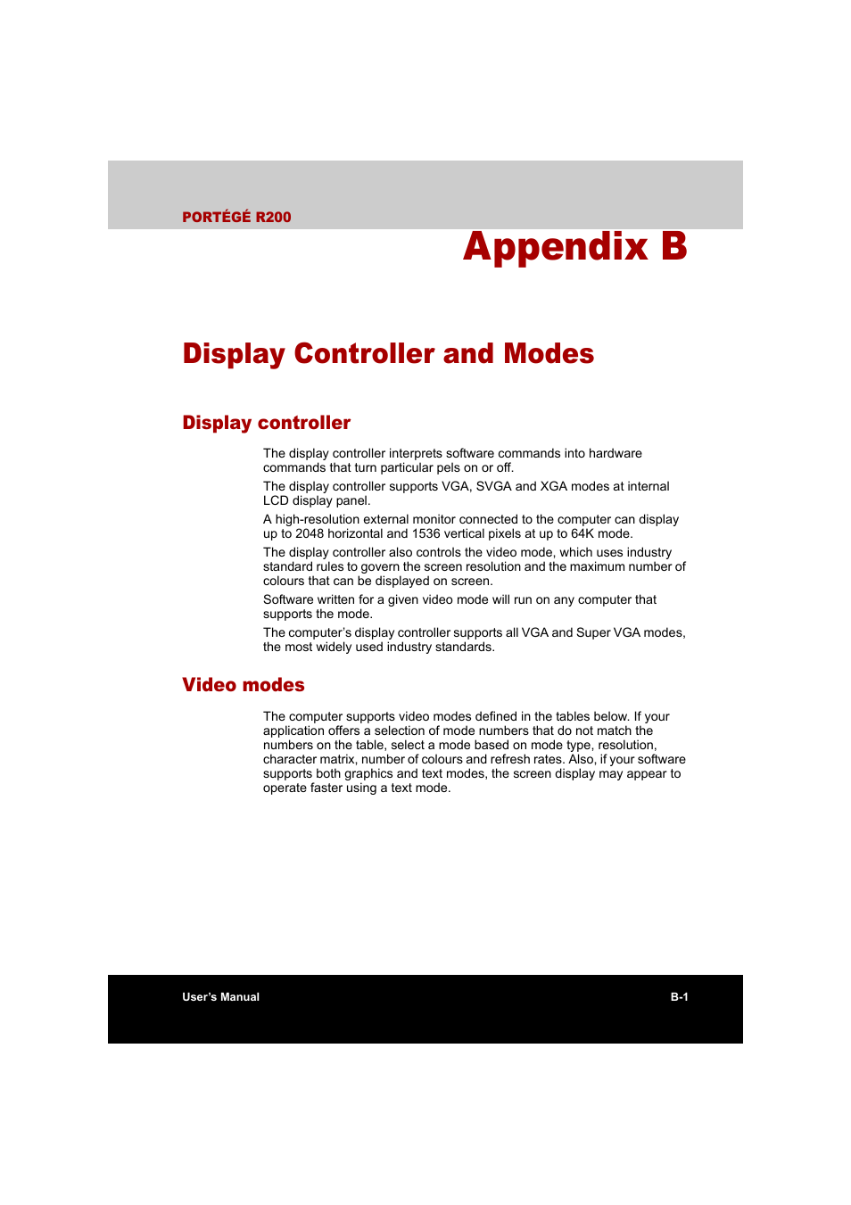 Appendix b: display controller and modes, Appendix b, Display controller and modes | Fer to, Display controller and, Modes, Display controller, And modes, Video modes | Toshiba Portege R200 (PPR20) User Manual | Page 156 / 187