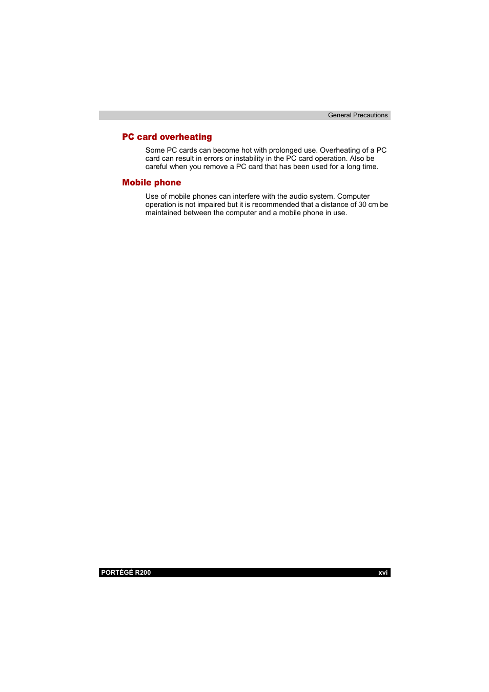 Pc card overheating, Mobile phone | Toshiba Portege R200 (PPR20) User Manual | Page 16 / 187