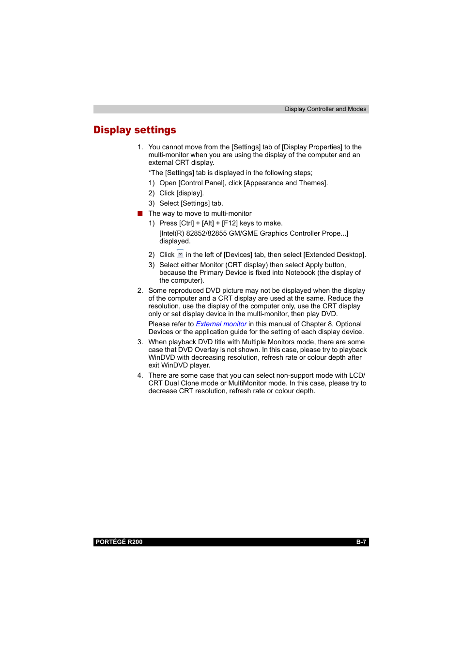 Display settings | Toshiba Portege R200 (PPR20) User Manual | Page 162 / 187