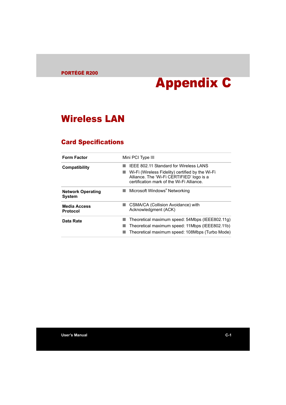 Appendix c: wireless lan, Appendix c, Wireless lan | Card specifications | Toshiba Portege R200 (PPR20) User Manual | Page 163 / 187