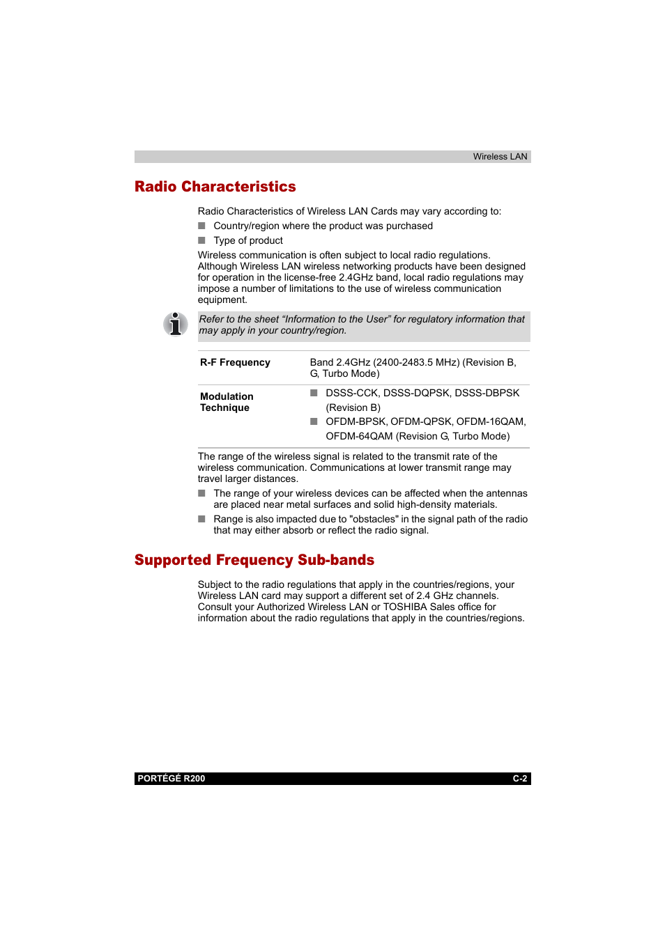 Radio characteristics, Supported frequency sub-bands | Toshiba Portege R200 (PPR20) User Manual | Page 164 / 187
