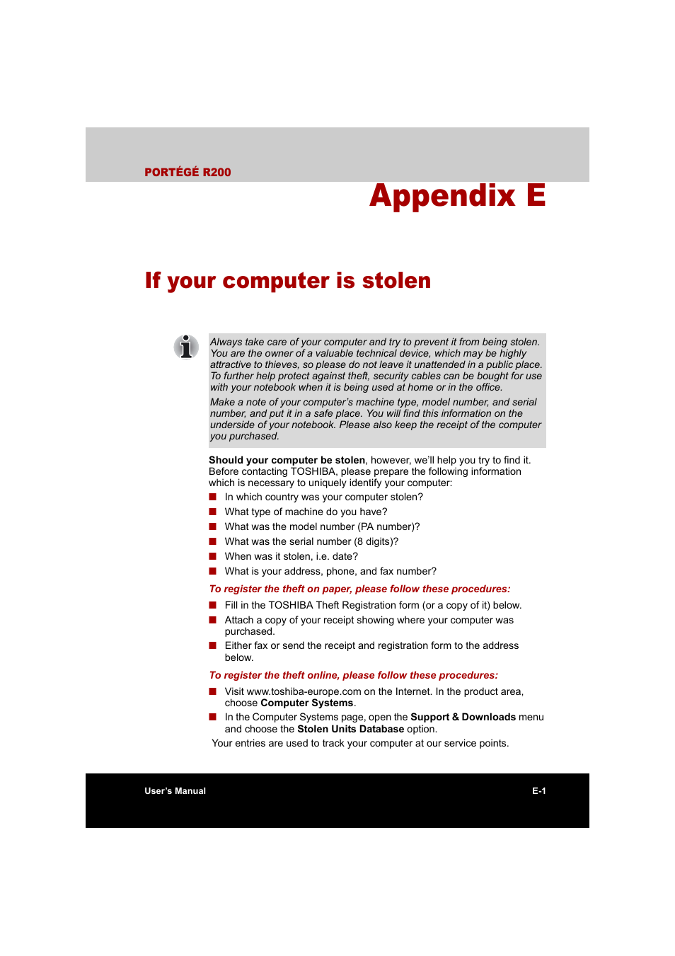 Appendix e: if your computer is stolen, Appendix e, If your computer is stolen | Toshiba Portege R200 (PPR20) User Manual | Page 169 / 187