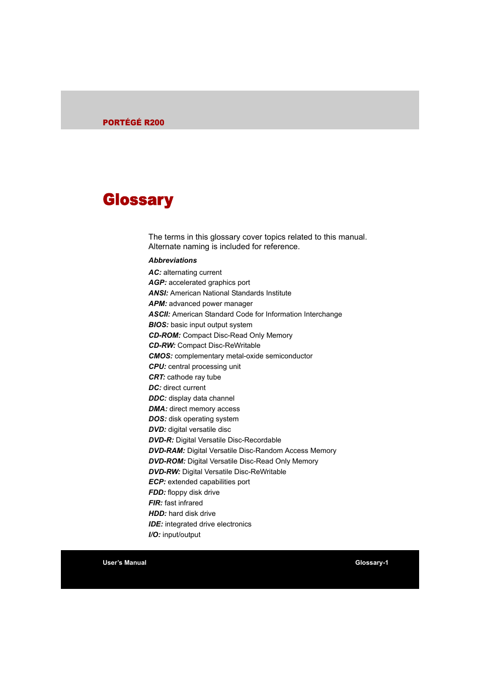 Glossary | Toshiba Portege R200 (PPR20) User Manual | Page 171 / 187