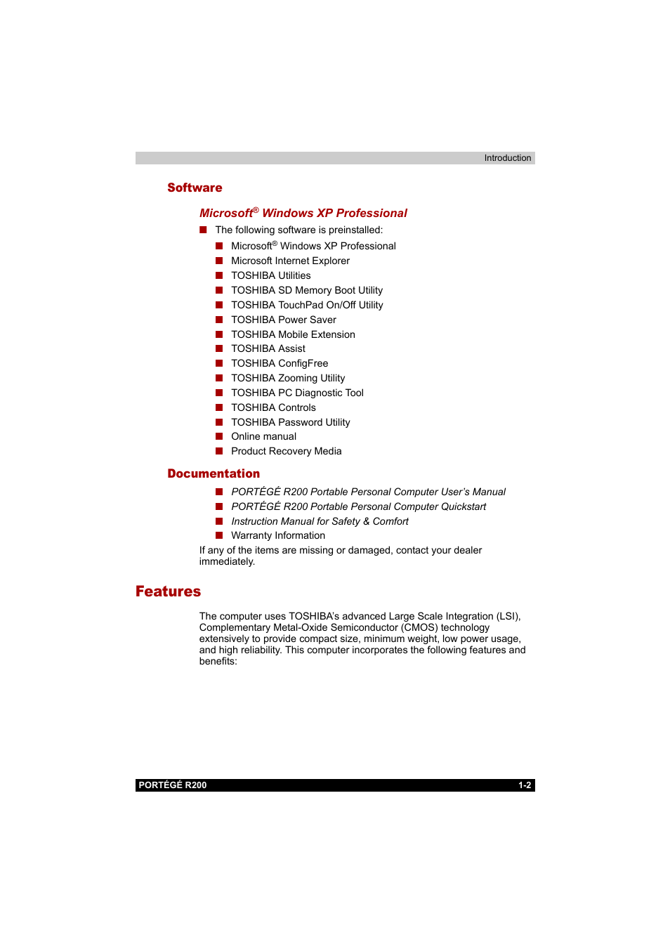 Software, Documentation, Features | Software -2 documentation -2, Features -2 | Toshiba Portege R200 (PPR20) User Manual | Page 18 / 187