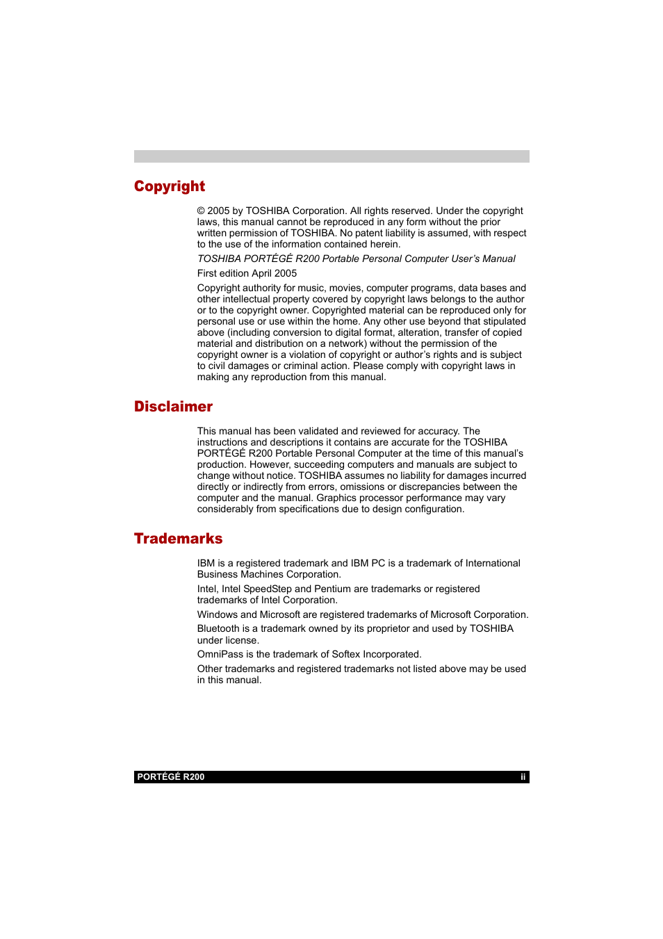 Copyright, Disclaimer, Trademarks | Toshiba Portege R200 (PPR20) User Manual | Page 2 / 187