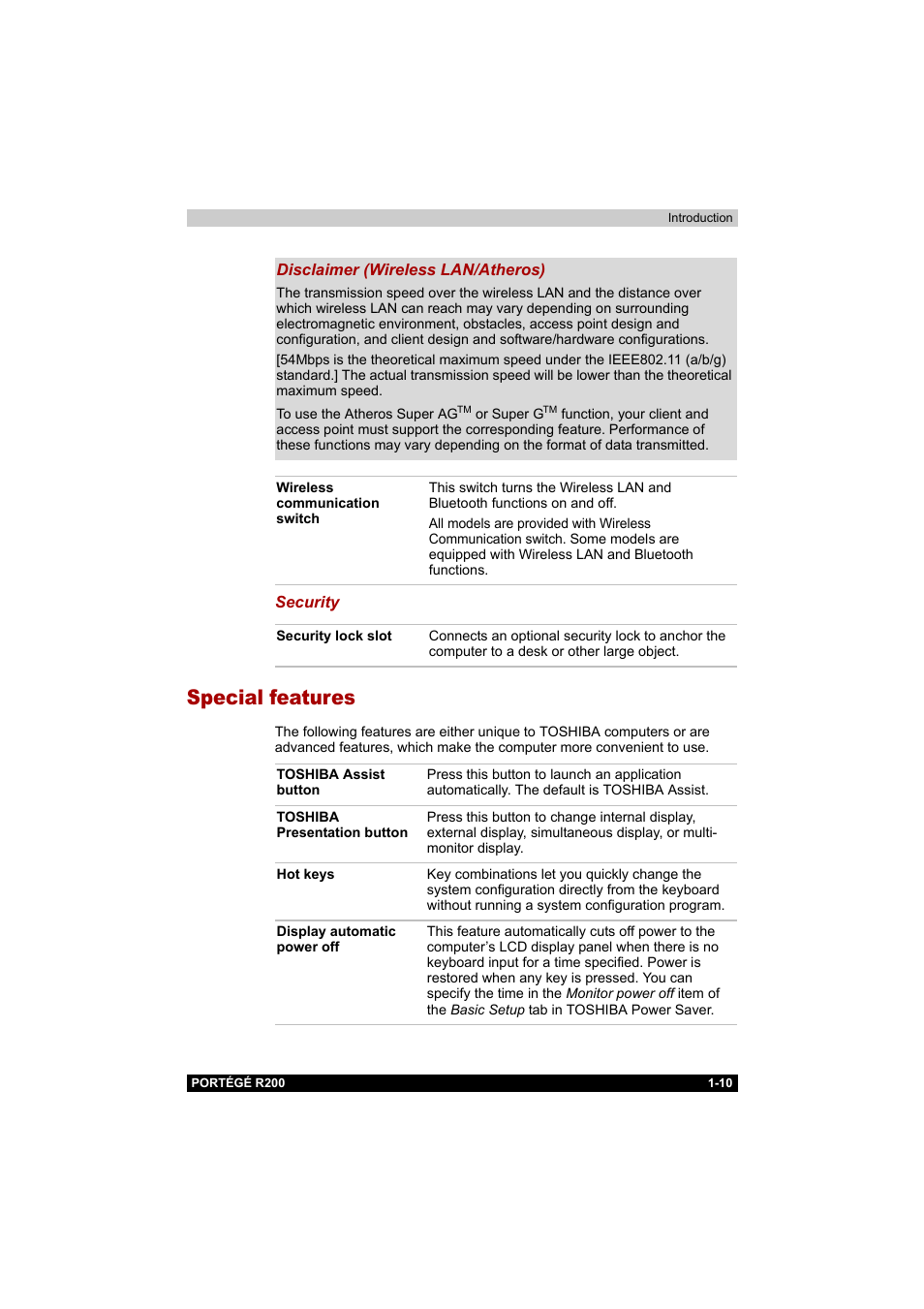 Special features, Special features -10 | Toshiba Portege R200 (PPR20) User Manual | Page 26 / 187