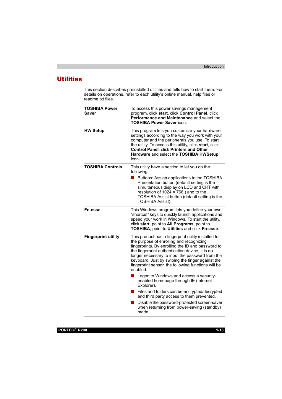 Utilities, Utilities -13 | Toshiba Portege R200 (PPR20) User Manual | Page 29 / 187