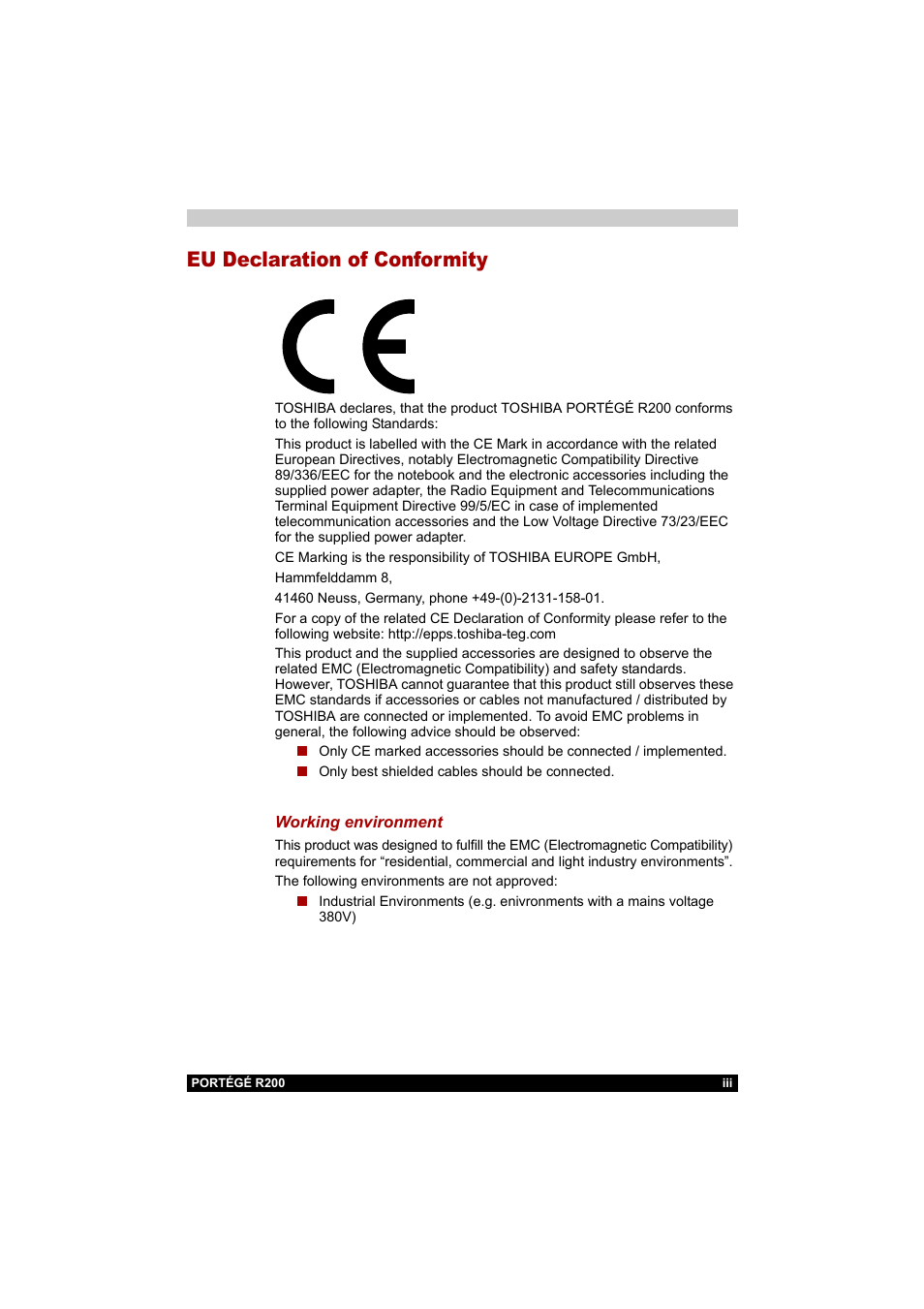 Eu declaration of conformity | Toshiba Portege R200 (PPR20) User Manual | Page 3 / 187