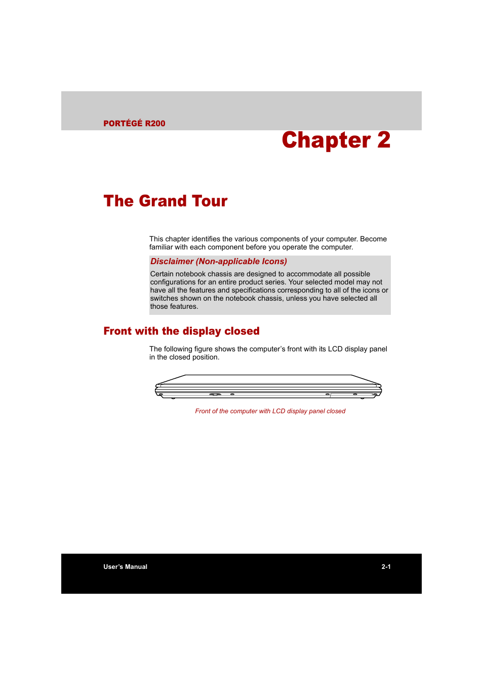 Chapter 2: the grand tour, Front with the display closed, Chapter 2 | The grand tour, Front with the display closed -1 | Toshiba Portege R200 (PPR20) User Manual | Page 33 / 187