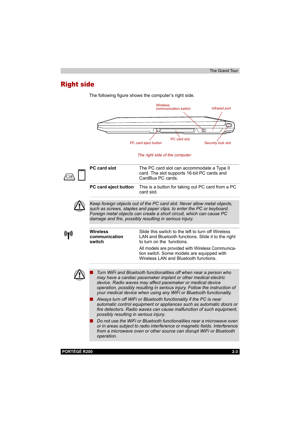 Right side, Right side -3 | Toshiba Portege R200 (PPR20) User Manual | Page 35 / 187