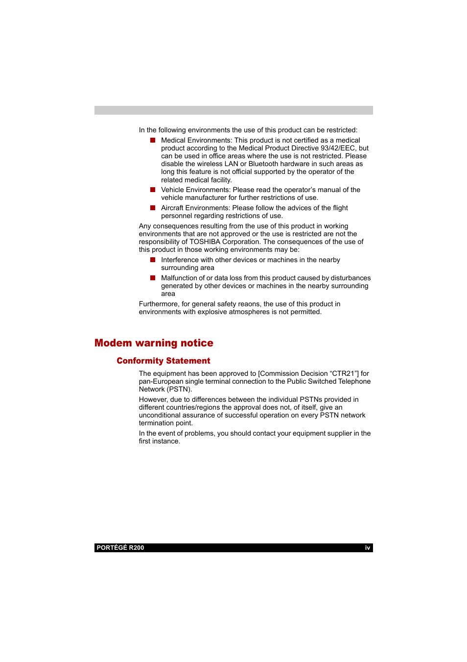 Modem warning notice | Toshiba Portege R200 (PPR20) User Manual | Page 4 / 187