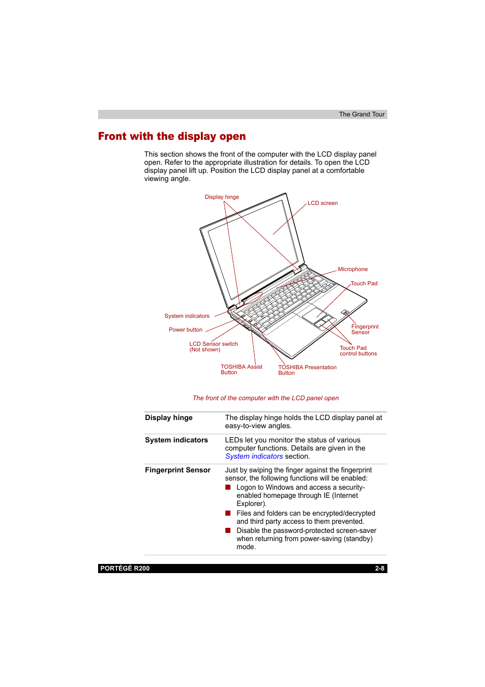 Front with the display open, Front with the display open -8 | Toshiba Portege R200 (PPR20) User Manual | Page 40 / 187