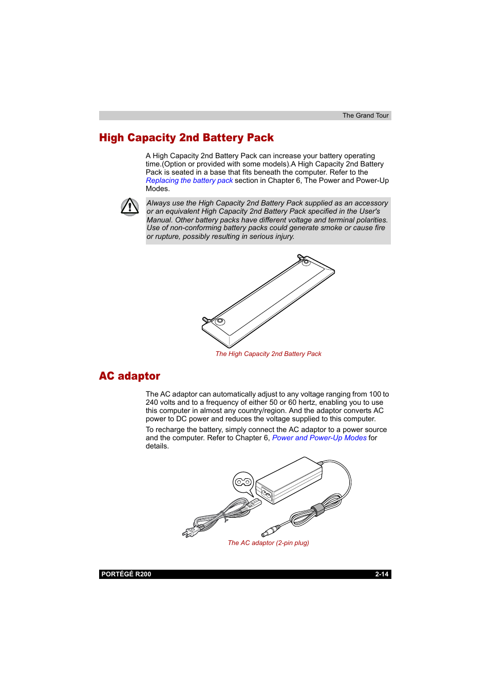 High capacity 2nd battery pack, Ac adaptor, High capacity 2nd battery pack -14 ac adaptor -14 | Toshiba Portege R200 (PPR20) User Manual | Page 46 / 187