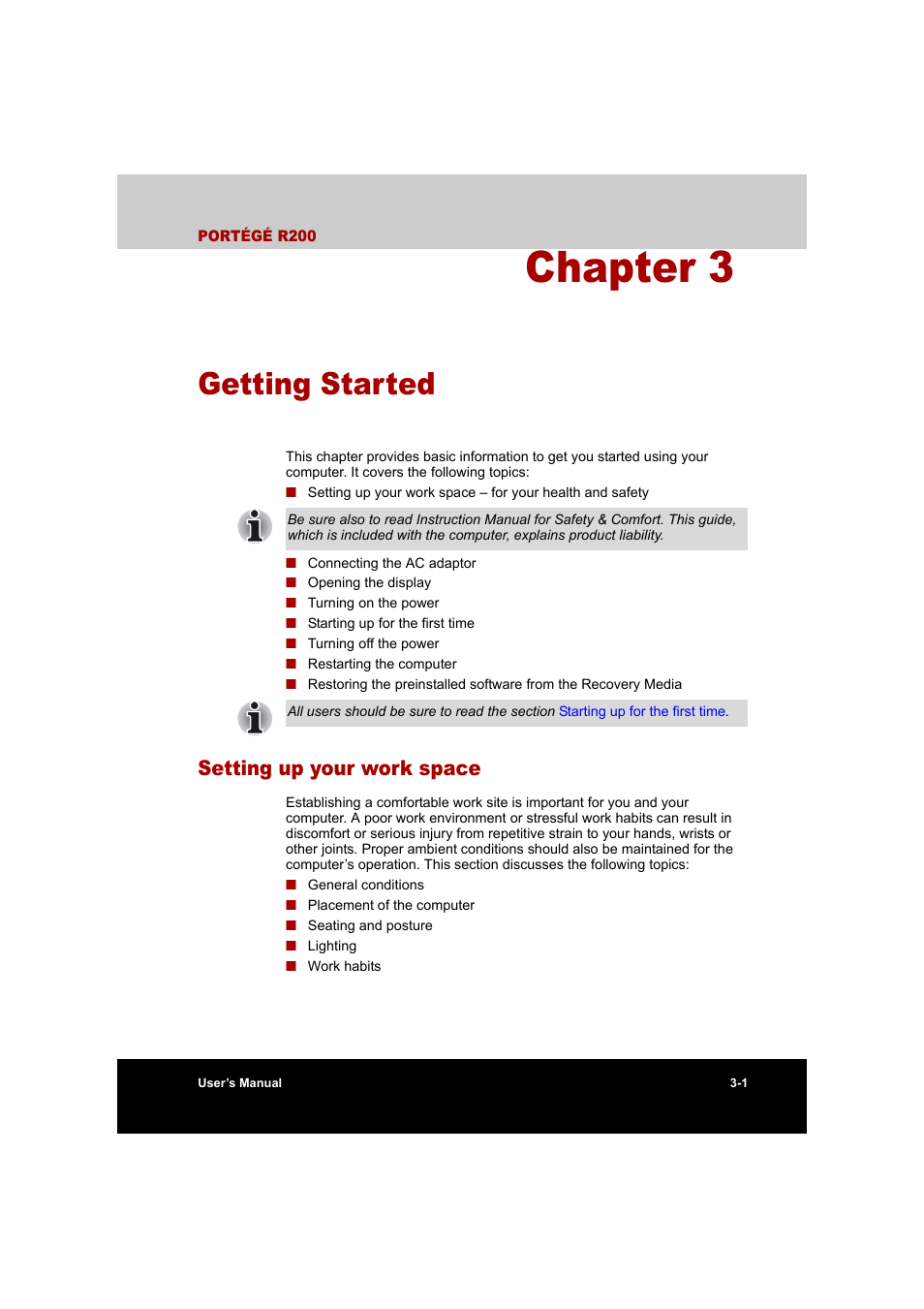 Chapter 3: getting started, Setting up your work space, Chapter 3 | Getting started, Setting up your work space -1, Provi | Toshiba Portege R200 (PPR20) User Manual | Page 48 / 187