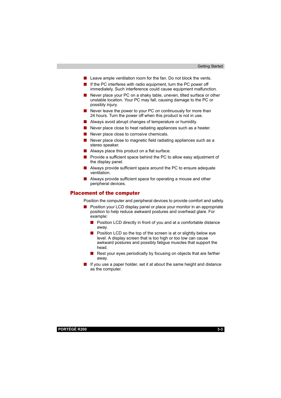 Placement of the computer, Placement of the computer -3 | Toshiba Portege R200 (PPR20) User Manual | Page 50 / 187