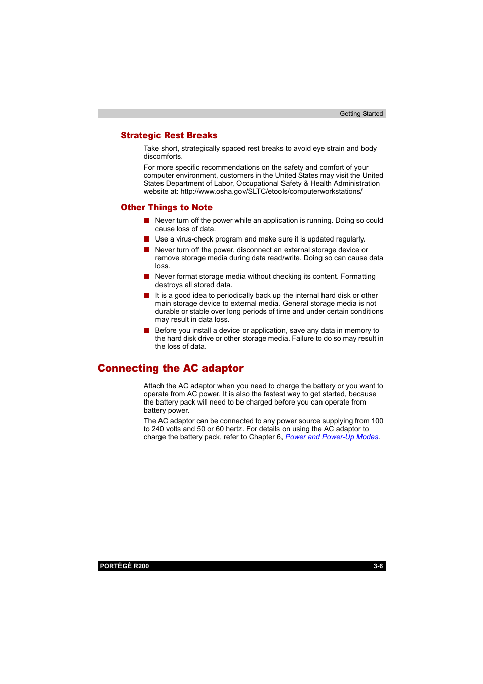 Strategic rest breaks, Other things to note, Connecting the ac adaptor | Strategic rest breaks -6 other things to note -6, Connecting the ac adaptor -6 | Toshiba Portege R200 (PPR20) User Manual | Page 53 / 187