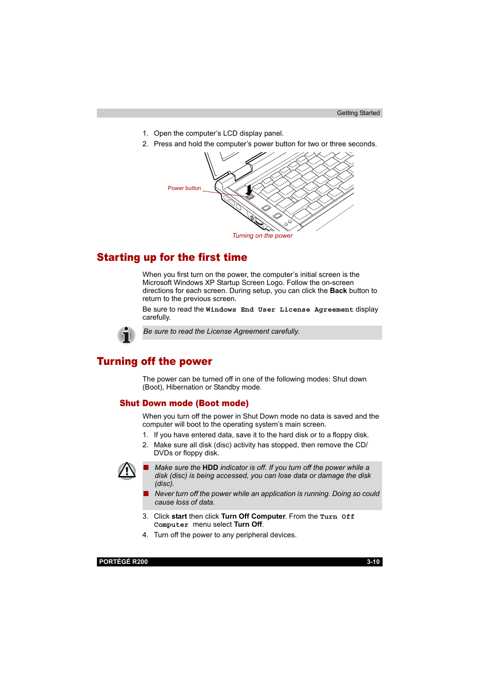 Starting up for the first time, Turning off the power, Shut down mode (boot mode) | Shut down mode (boot mode) -10, To the section, Starting up for, The first time | Toshiba Portege R200 (PPR20) User Manual | Page 57 / 187