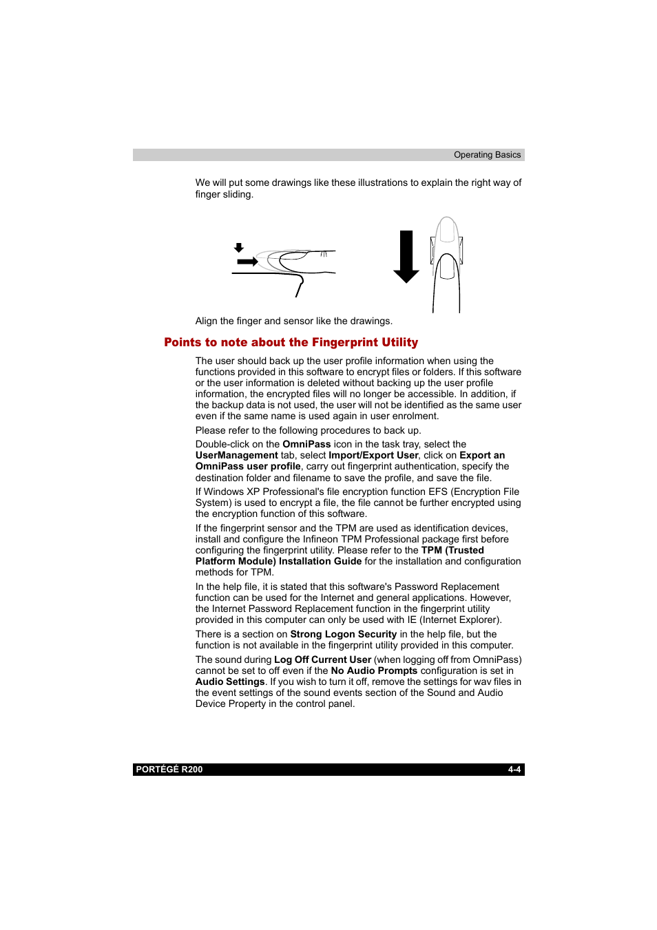 Points to note about the fingerprint utility, Points to note about the fingerprint utility -4 | Toshiba Portege R200 (PPR20) User Manual | Page 66 / 187