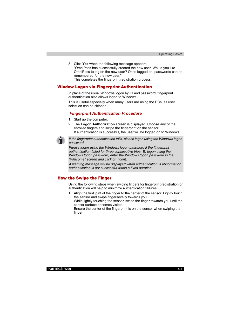 Window logon via fingerprint authentication, How the swipe the finger | Toshiba Portege R200 (PPR20) User Manual | Page 68 / 187