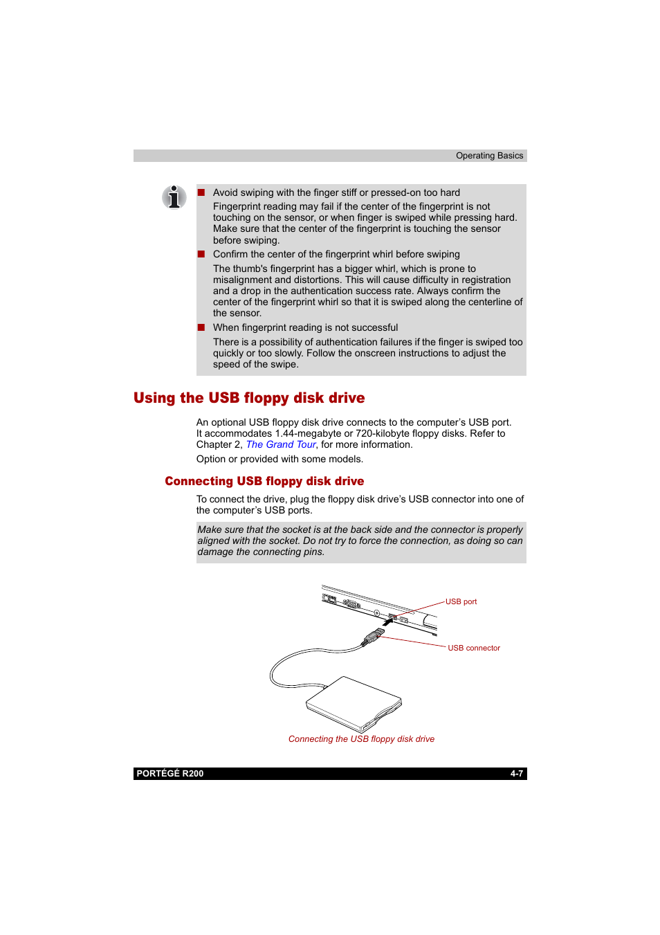 Using the usb floppy disk drive, Connecting usb floppy disk drive, Using the usb floppy disk drive -7 | Connecting usb floppy disk drive -7 | Toshiba Portege R200 (PPR20) User Manual | Page 69 / 187