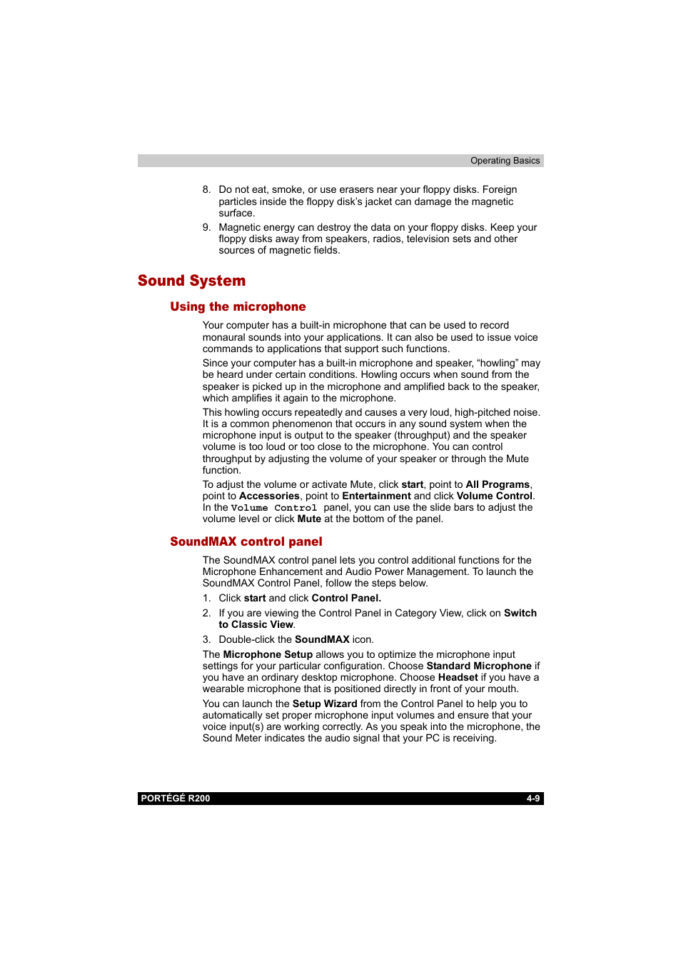 Sound system, Using the microphone, Soundmax control panel | Sound system -9, Using the microphone -9 soundmax control panel -9, Ications. refer to the, Using the, Microphone | Toshiba Portege R200 (PPR20) User Manual | Page 71 / 187