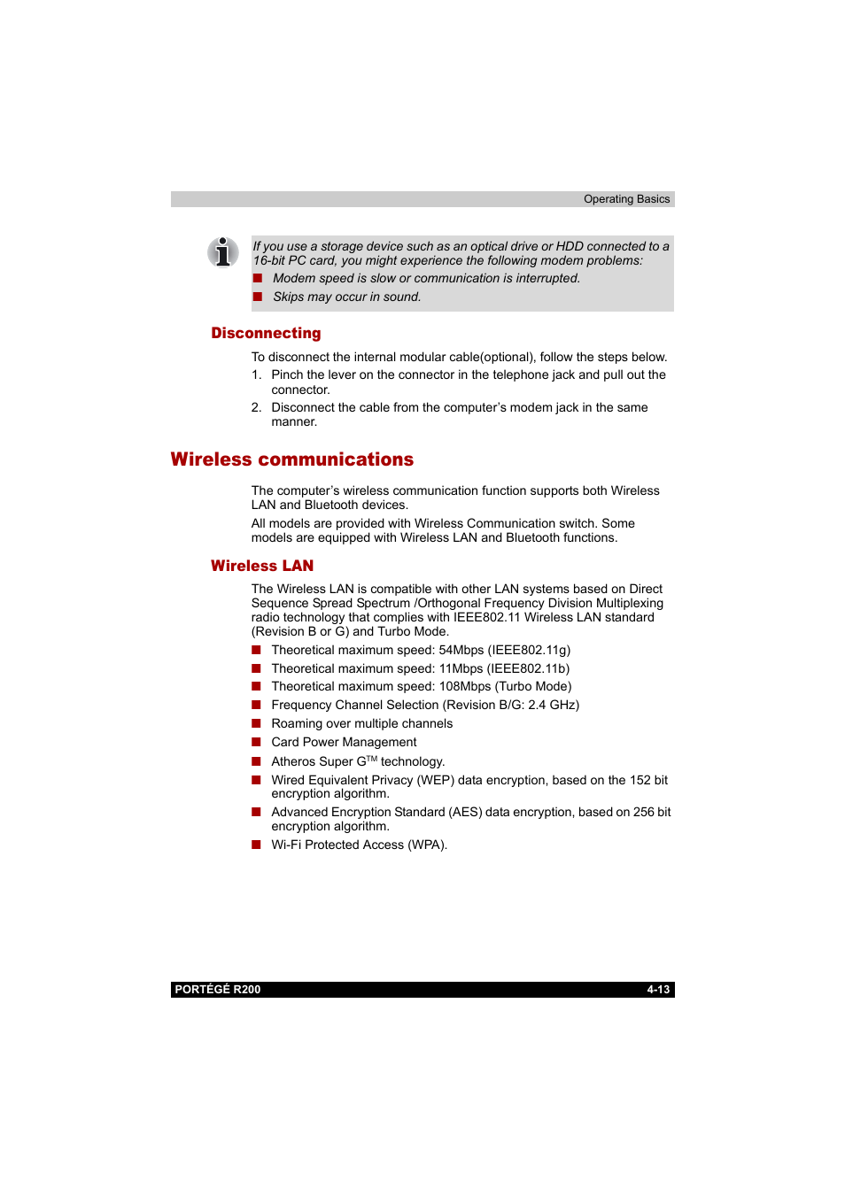 Disconnecting, Wireless communications, Wireless lan | Disconnecting -13, Wireless communications -13, Wireless lan -13 | Toshiba Portege R200 (PPR20) User Manual | Page 75 / 187