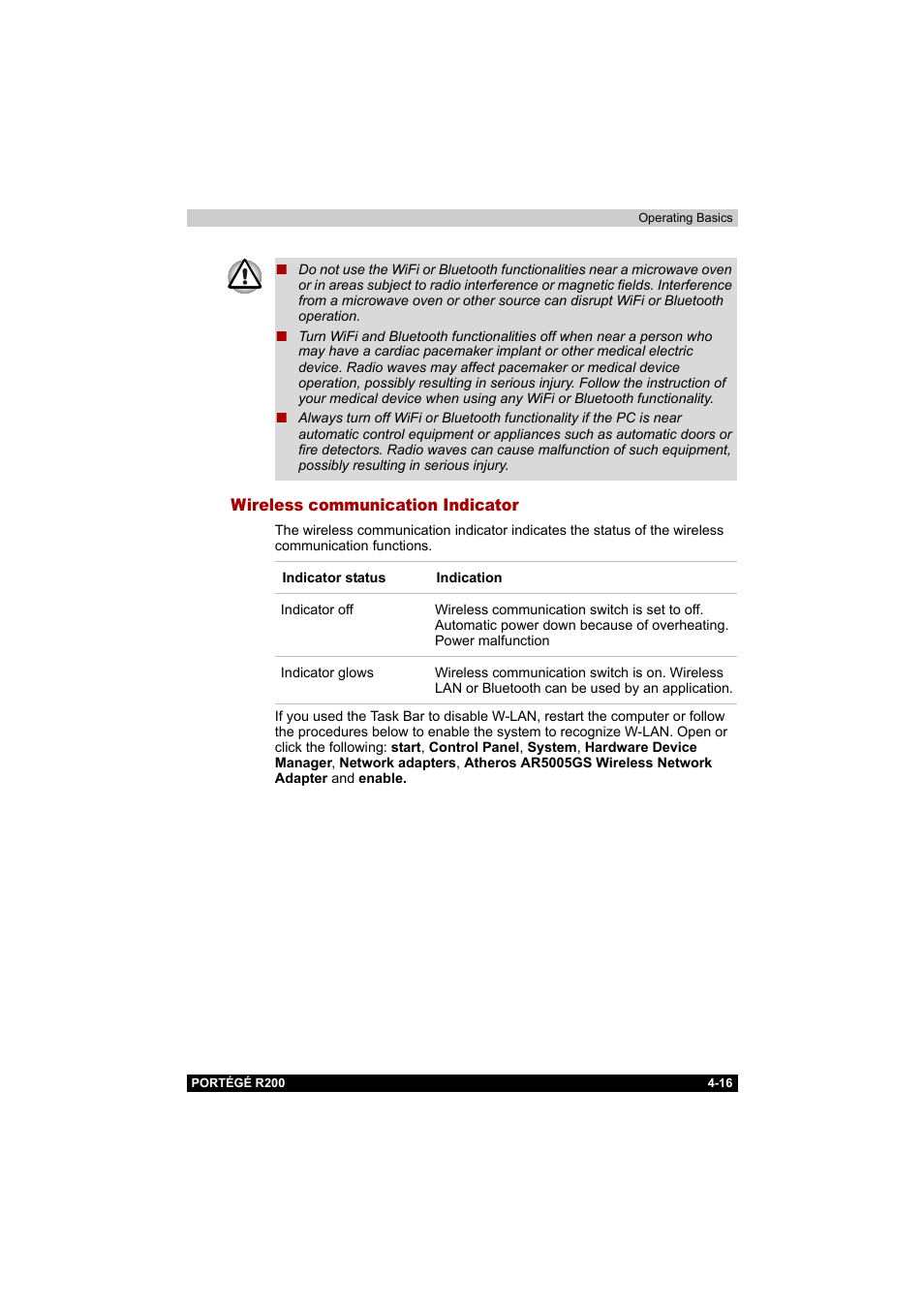 Wireless communication indicator, Wireless communication indicator -16 | Toshiba Portege R200 (PPR20) User Manual | Page 78 / 187