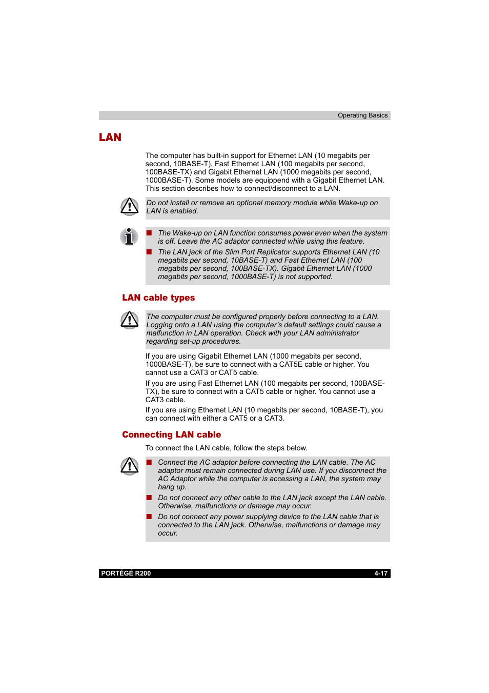 Lan cable types, Connecting lan cable, Lan -17 | Lan cable types -17 connecting lan cable -17 | Toshiba Portege R200 (PPR20) User Manual | Page 79 / 187