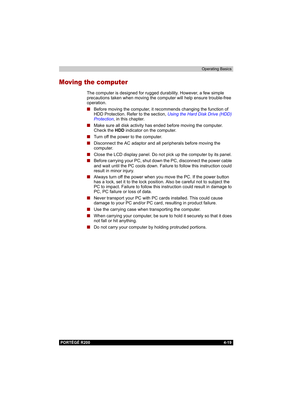 Moving the computer, Moving the computer -19 | Toshiba Portege R200 (PPR20) User Manual | Page 81 / 187