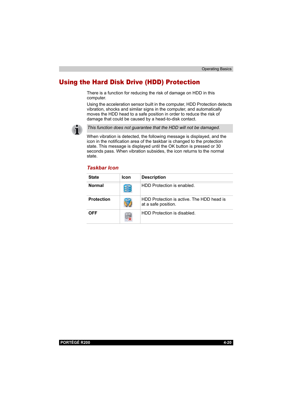 Using the hard disk drive (hdd) protection, Using the hard disk drive (hdd) protection -20 | Toshiba Portege R200 (PPR20) User Manual | Page 82 / 187