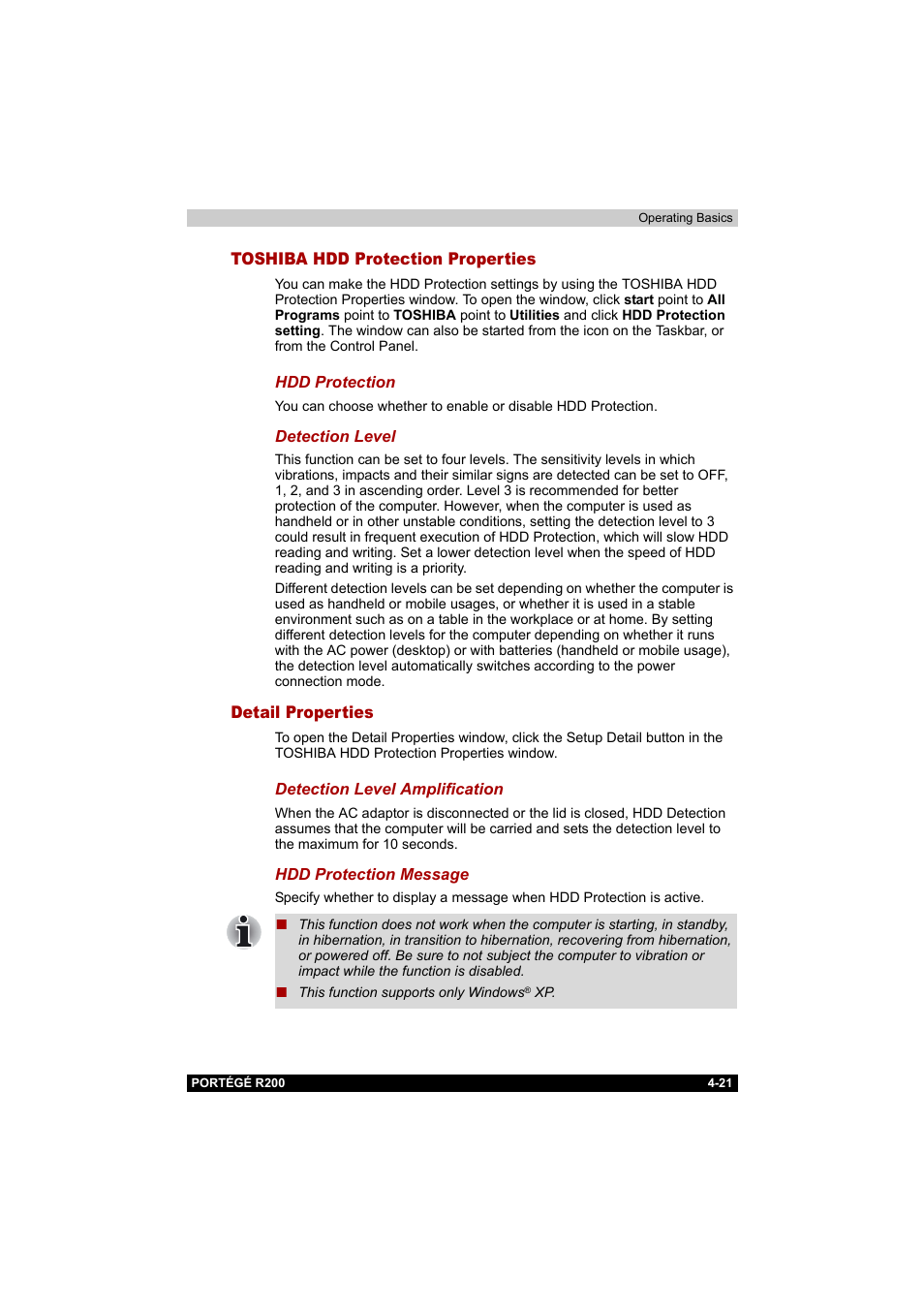 Toshiba hdd protection properties, Detail properties | Toshiba Portege R200 (PPR20) User Manual | Page 83 / 187