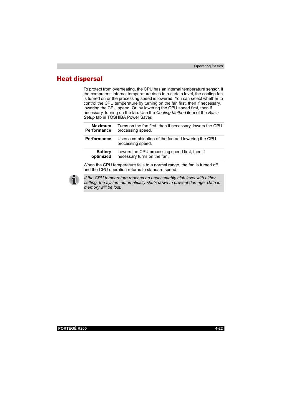 Heat dispersal, Heat dispersal -22 | Toshiba Portege R200 (PPR20) User Manual | Page 84 / 187