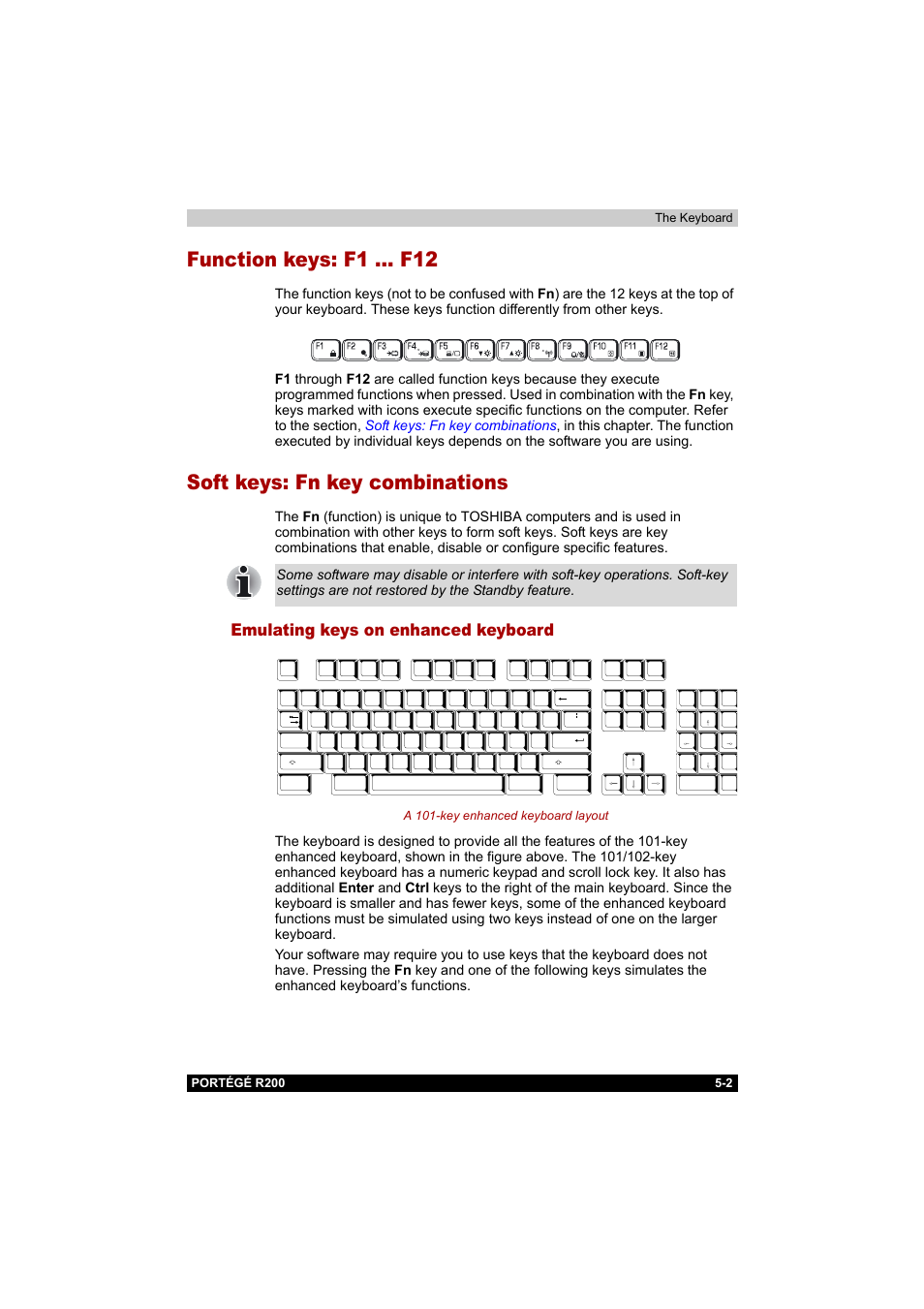 Function keys: f1 … f12, Soft keys: fn key combinations, Emulating keys on enhanced keyboard | Emulating keys on enhanced keyboard -2, A 101-key enhanced keyboard layout | Toshiba Portege R200 (PPR20) User Manual | Page 86 / 187