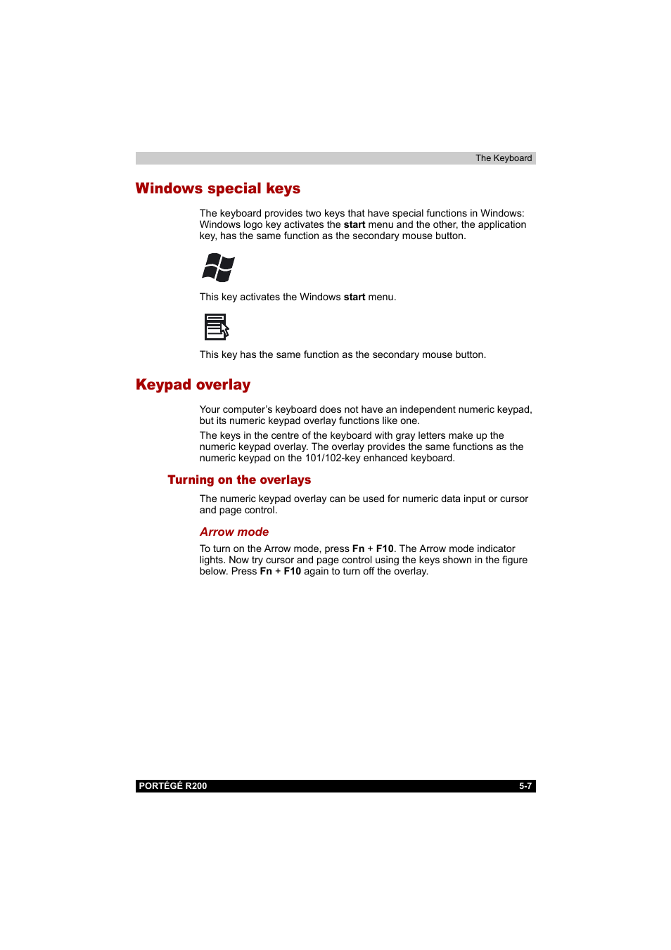Windows special keys, Keypad overlay, Turning on the overlays | Windows special keys -7 keypad overlay -7, Turning on the overlays -7, Keypad, Overlay | Toshiba Portege R200 (PPR20) User Manual | Page 91 / 187