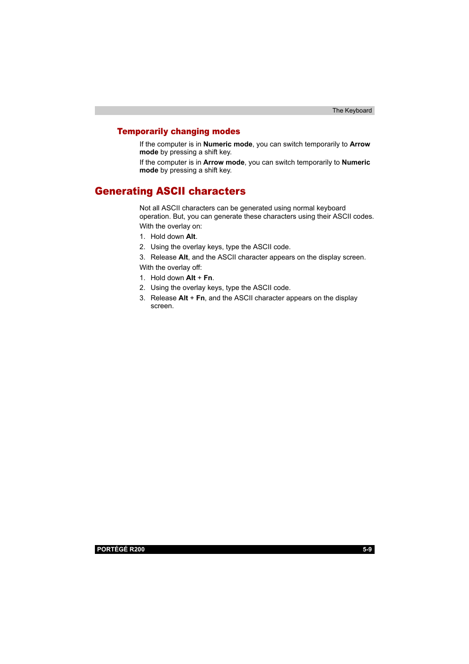 Temporarily changing modes, Generating ascii characters, Temporarily changing modes -9 | Generating ascii characters -9 | Toshiba Portege R200 (PPR20) User Manual | Page 93 / 187