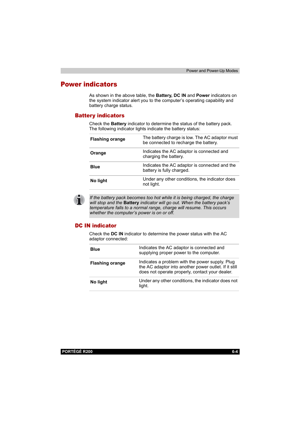 Power indicators, Battery indicators, Dc in indicator | Power indicators -4, Battery indicators -4 dc in indicator -4 | Toshiba Portege R200 (PPR20) User Manual | Page 97 / 187