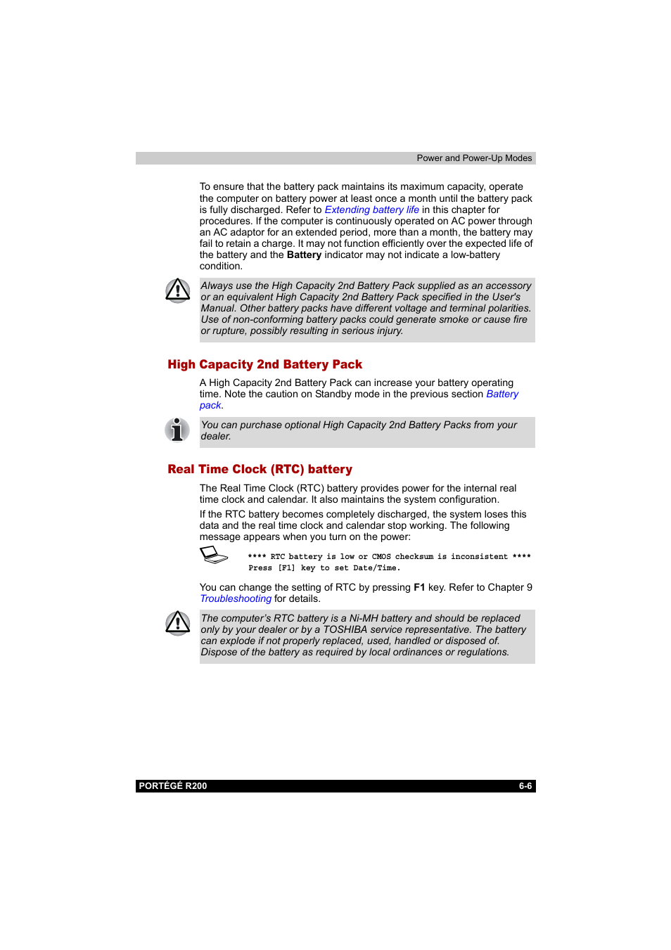 High capacity 2nd battery pack, Real time clock (rtc) battery | Toshiba Portege R200 (PPR20) User Manual | Page 99 / 187