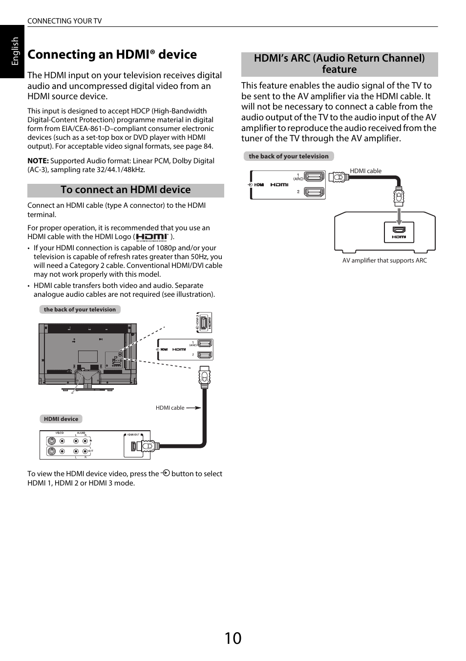 Connecting an hdmi® device, To connect an hdmi device, Hdmi’s arc (audio return channel) feature | Toshiba SL980 User Manual | Page 10 / 90