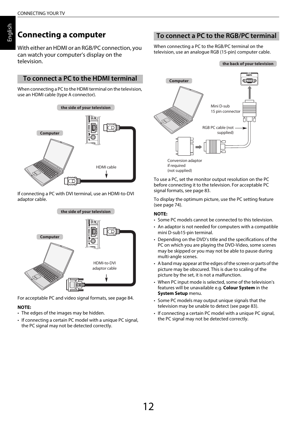 Connecting a computer, To connect a pc to the hdmi terminal, To connect a pc to the rgb/pc terminal | Toshiba SL980 User Manual | Page 12 / 90