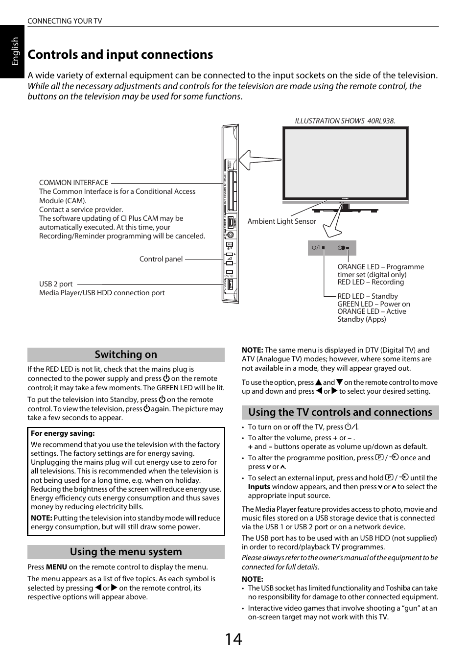 Controls and input connections, Switching on, Using the menu system | Using the tv controls and connections | Toshiba SL980 User Manual | Page 14 / 90