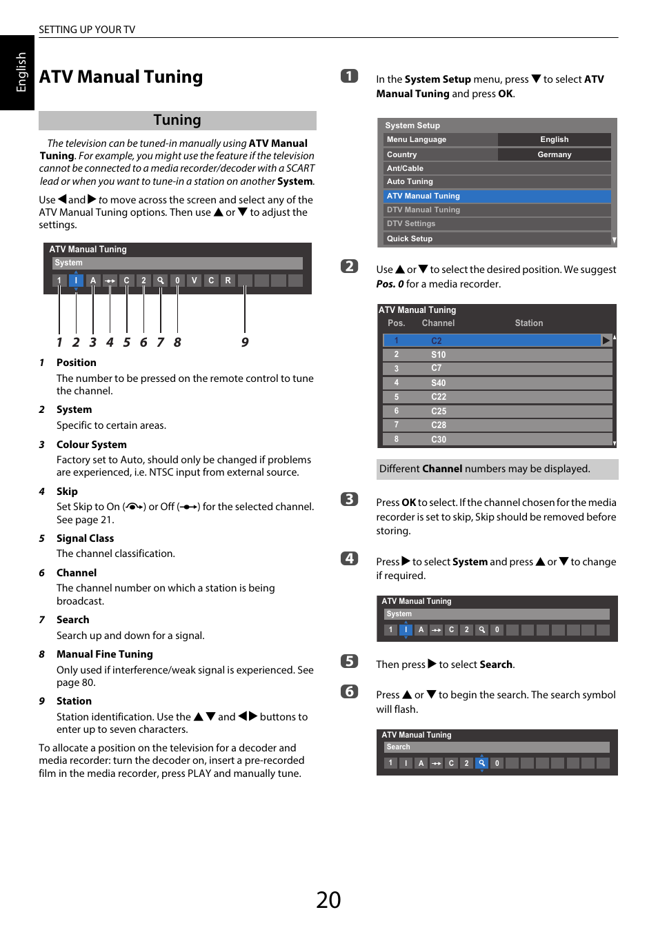 Atv manual tuning, Tuning, En glis h | Toshiba SL980 User Manual | Page 20 / 90