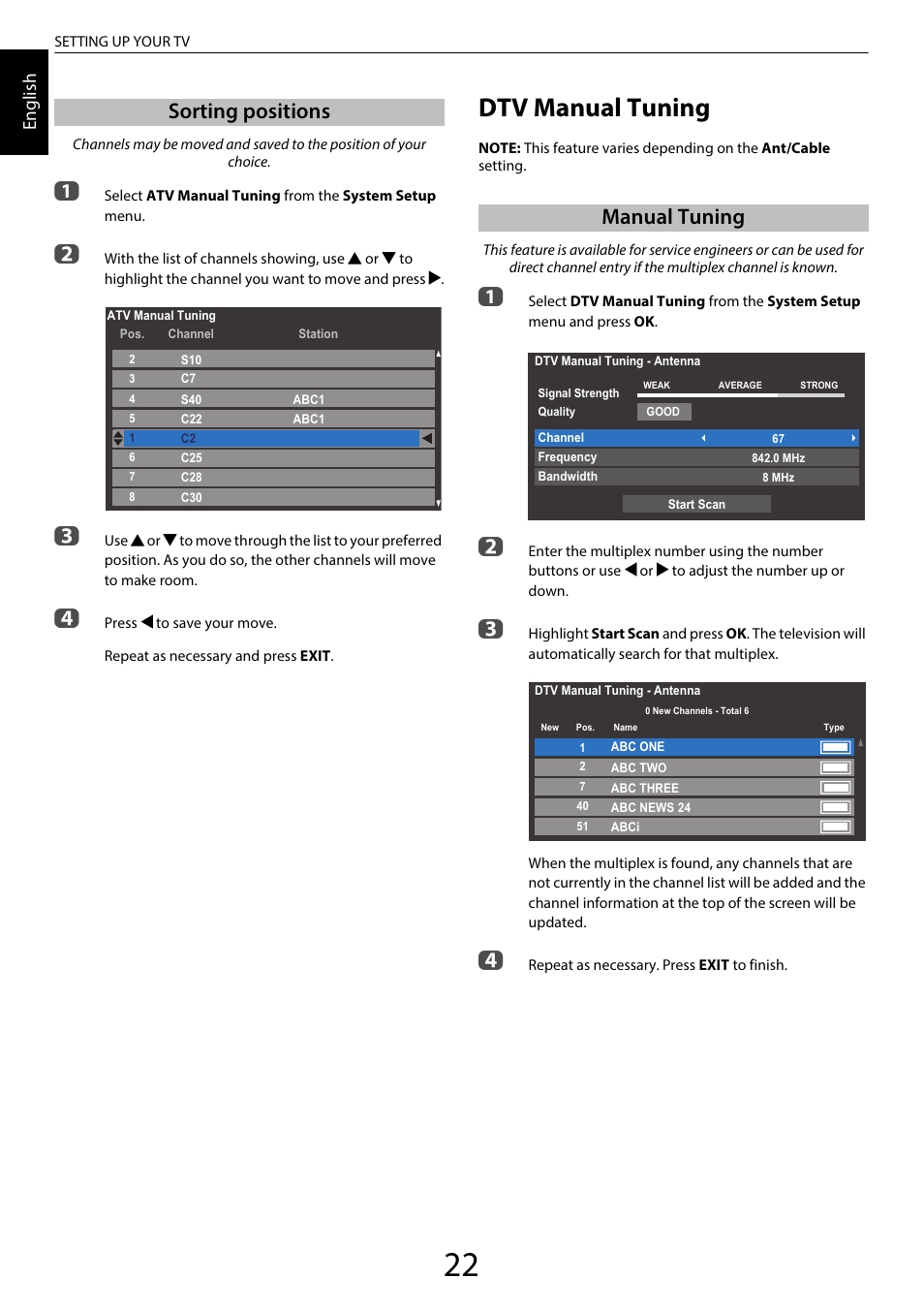 Sorting positions, Dtv manual tuning, Manual tuning | En glis h | Toshiba SL980 User Manual | Page 22 / 90