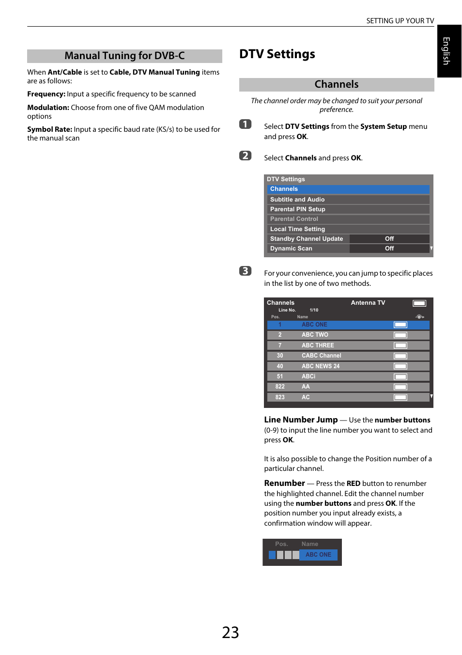 Manual tuning for dvb-c, Dtv settings, Channels | Manual tuning for dvb-c channels, Engl ish, Line number jump, Renumber | Toshiba SL980 User Manual | Page 23 / 90